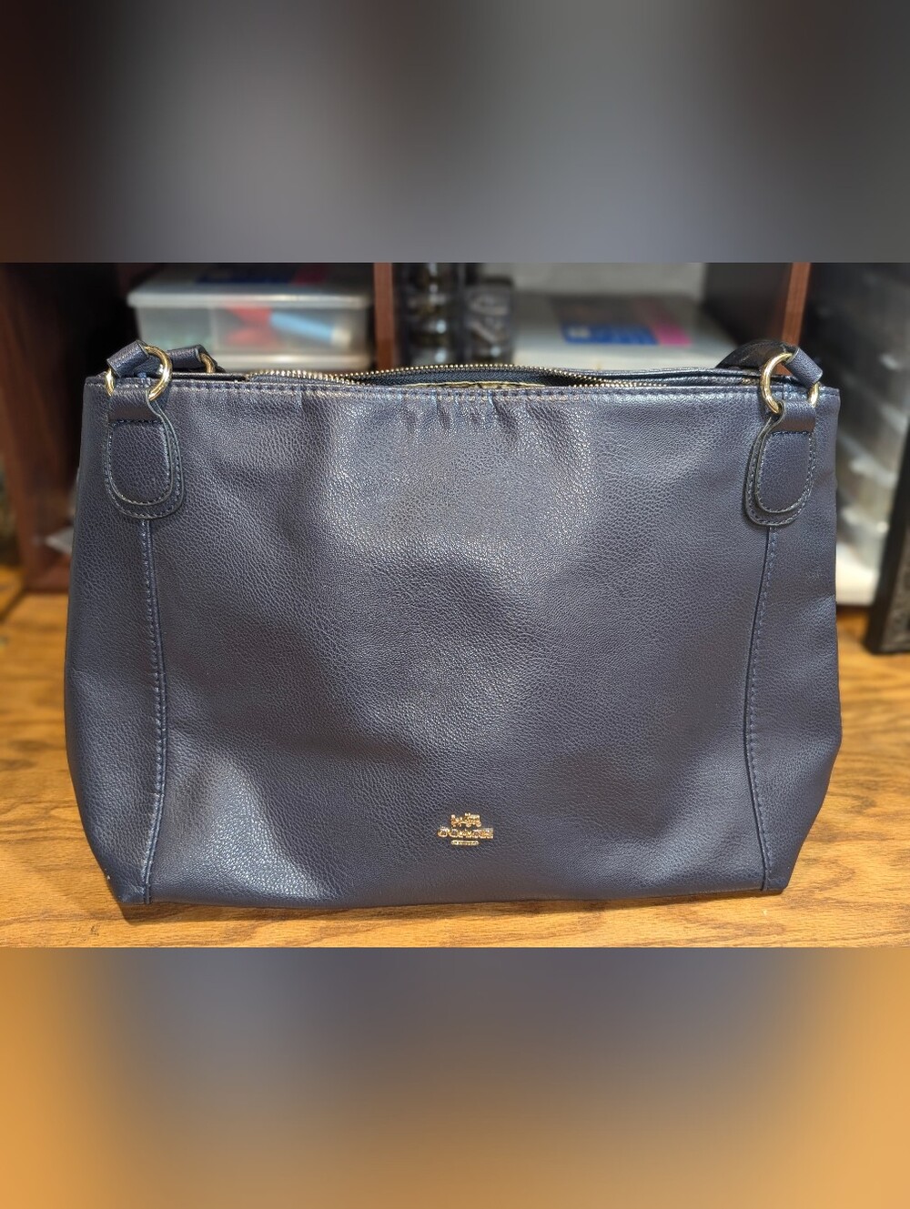 Coach Navy Pebbled Leather Shoulder Bag with Gold Hardware